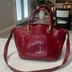 Marino Orlandi Deep Red Leather Shoulder Satchel with Gold Hardware